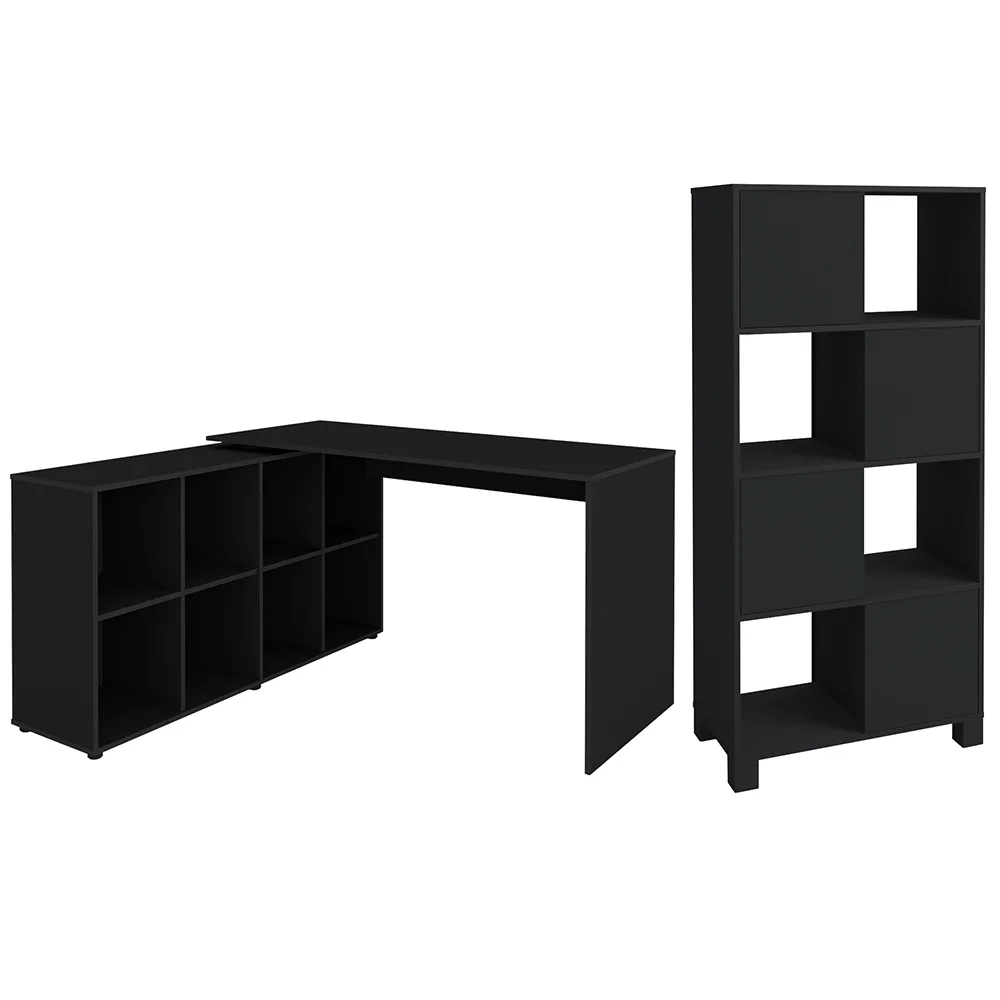 Mesa Escrivaninha em L Eron e Estante Livreiro Maly A06 Preto - Mpozenato 