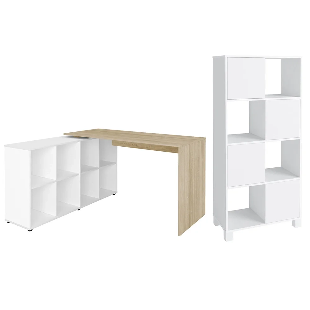 Mesa Escrivaninha em L Eron e Estante Livreiro Maly A06 Branco/Carvalho - Mpozenato 