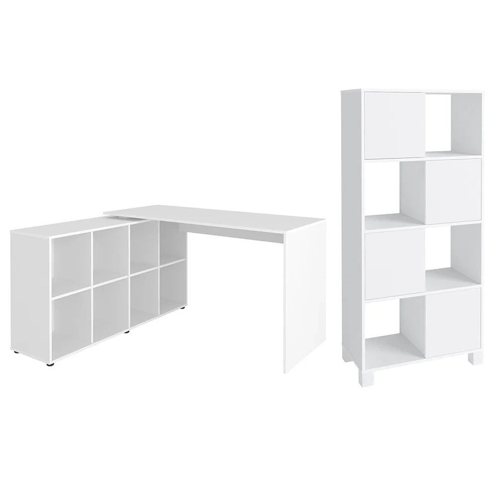 Mesa Escrivaninha em L Eron e Estante Livreiro Maly A06 Branco - Mpozenato 