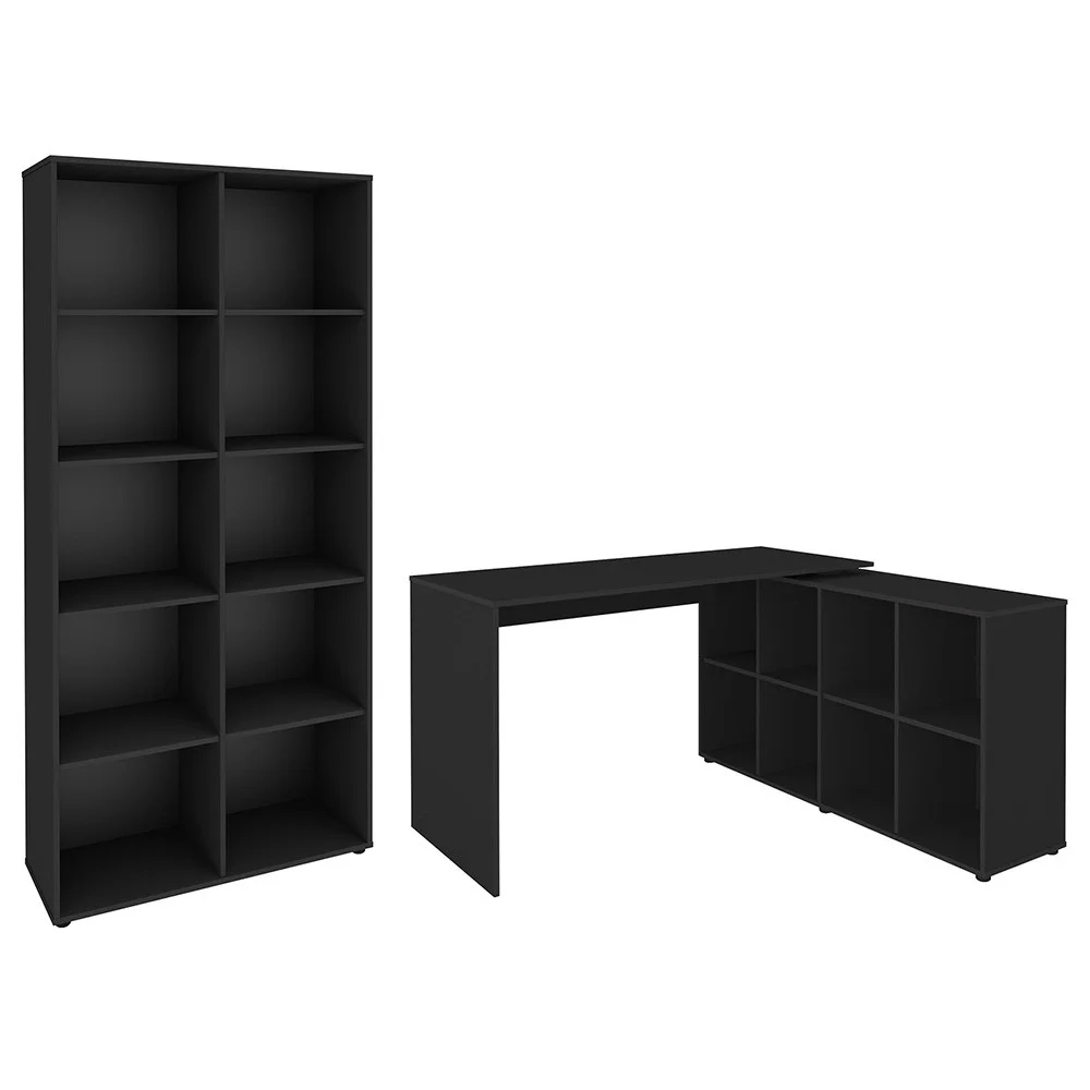 Mesa Escrivaninha em L Eron e Estante Livreiro 90x187cm Lean A06 Preto - Mpozenato 
