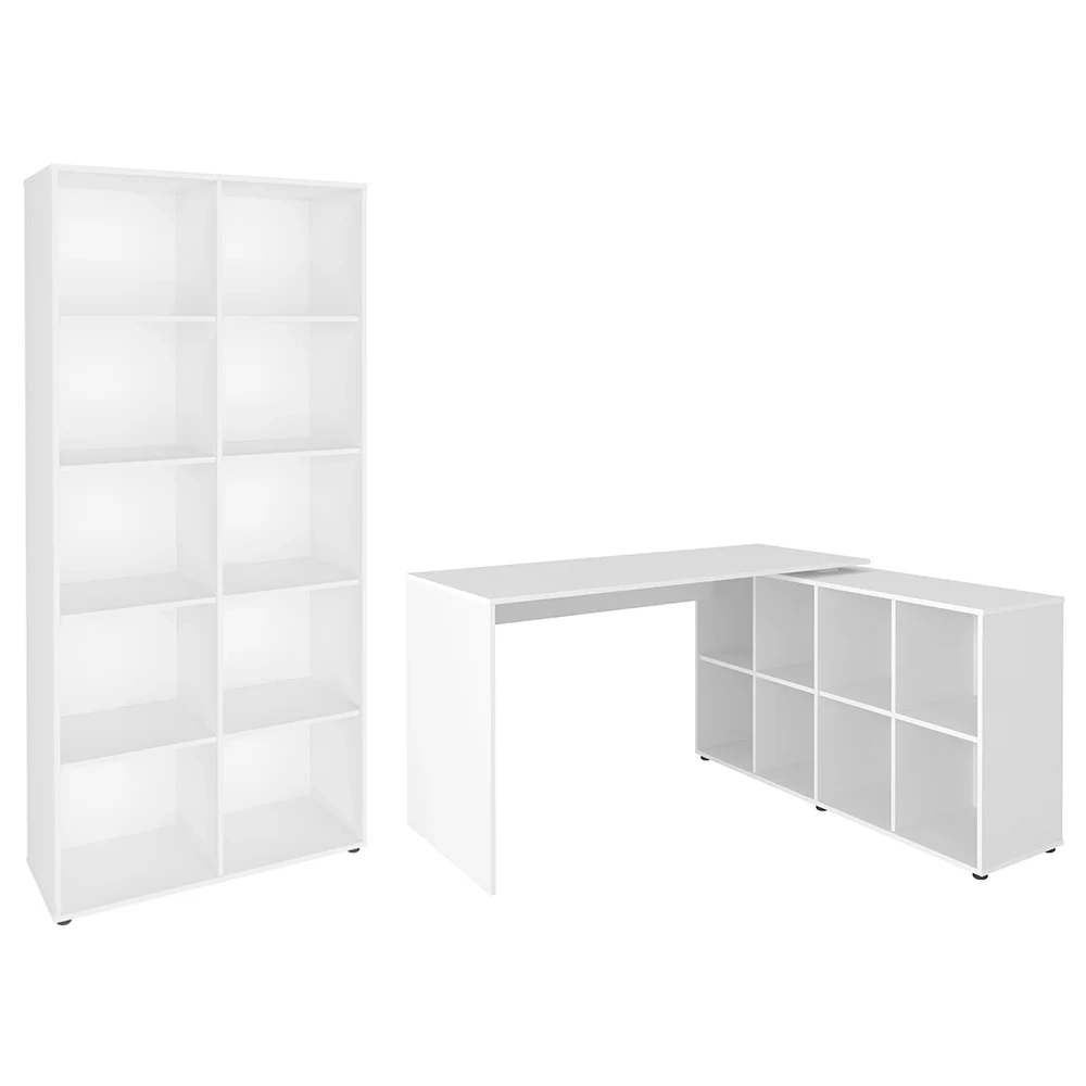 Mesa Escrivaninha em L Eron e Estante Livreiro 90x187cm Lean A06 Branco - Mpozenato 