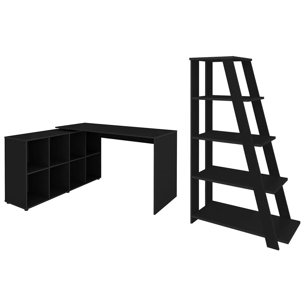 Mesa Escrivaninha em L Eron e Estante Livreiro Stela A06 Preto - Mpozenato 