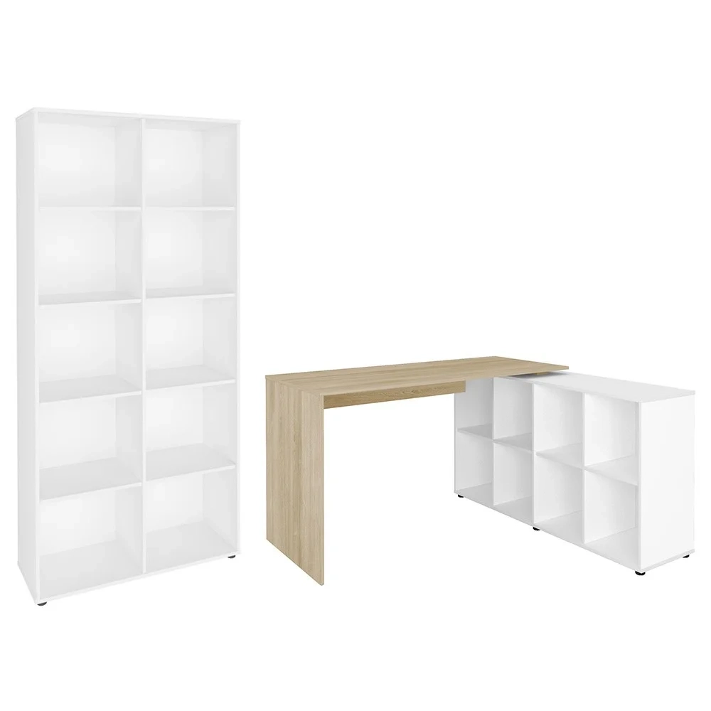 Mesa Escrivaninha em L Eron e Estante Livreiro 90x187cm Lean A06 Branco/Carvalho - Mpozenato 