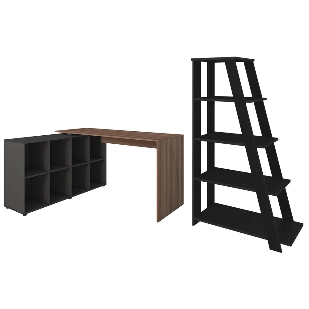 Mesa Escrivaninha em L Eron e Estante Livreiro Stela A06 Freijó/Preto - Mpozenato 