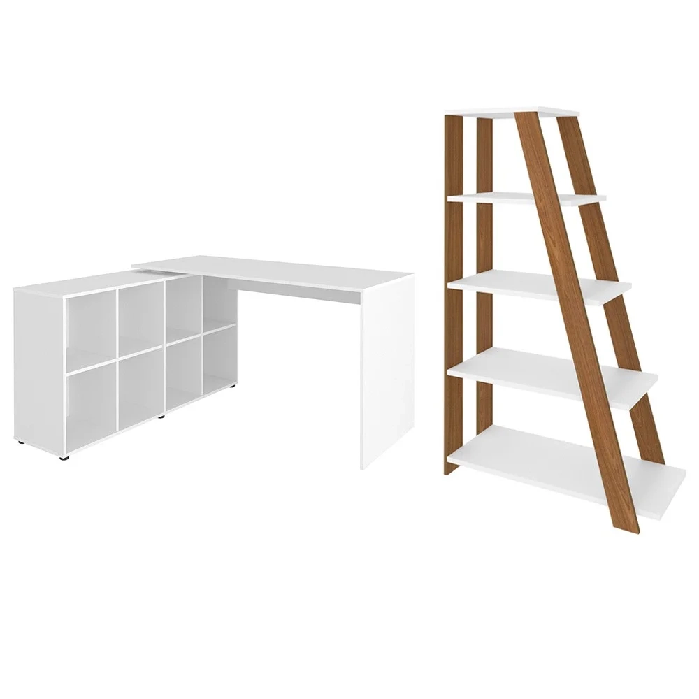 Mesa Escrivaninha em L Eron e Estante Livreiro Stela A06 Branco/Freijó - Mpozenato 
