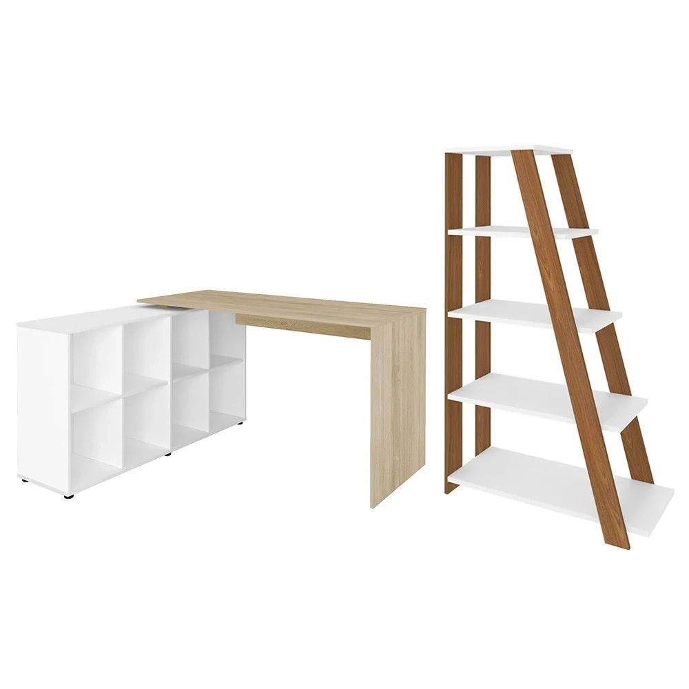 Mesa Escrivaninha em L Eron e Estante Livreiro Stela A06 Branco/Carvalho/Freijó - Mpozenato 
