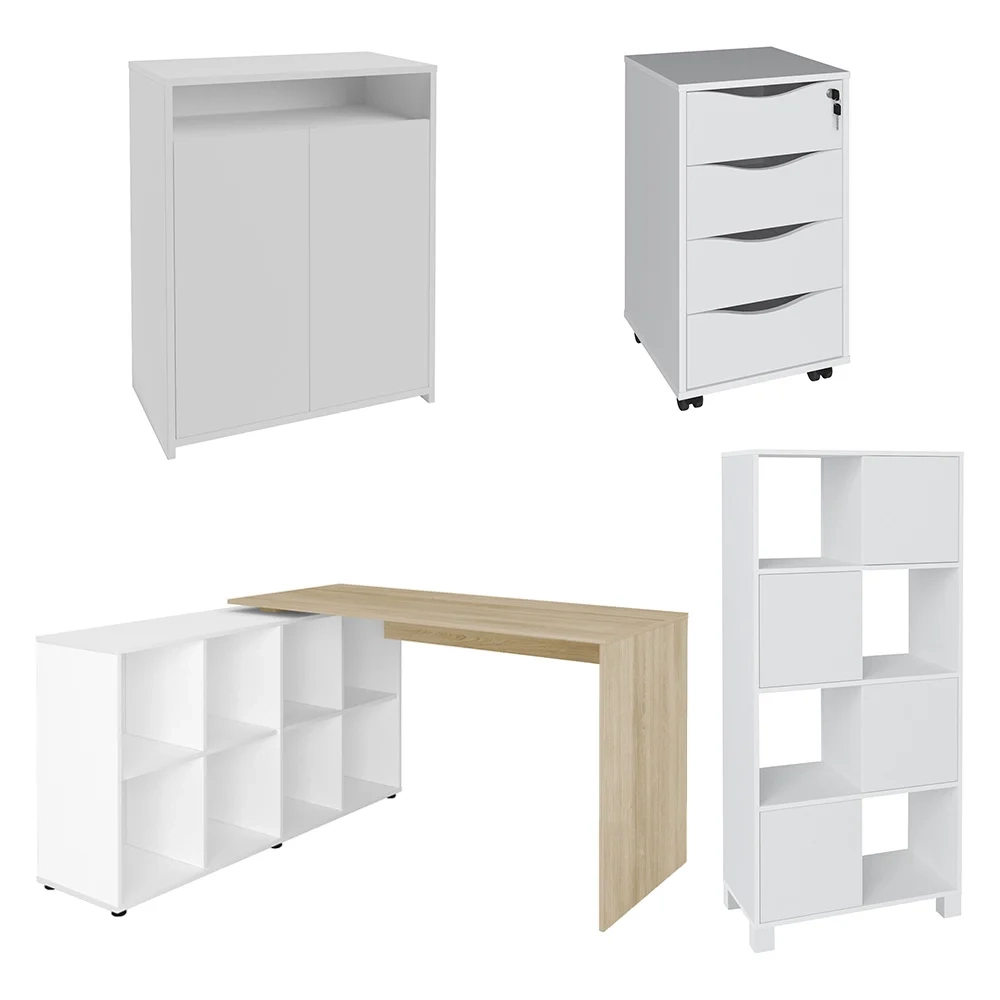 Conjunto Escritório Home Office 4 Peças Mity A06 Branco/Carvalho - Mpozenato