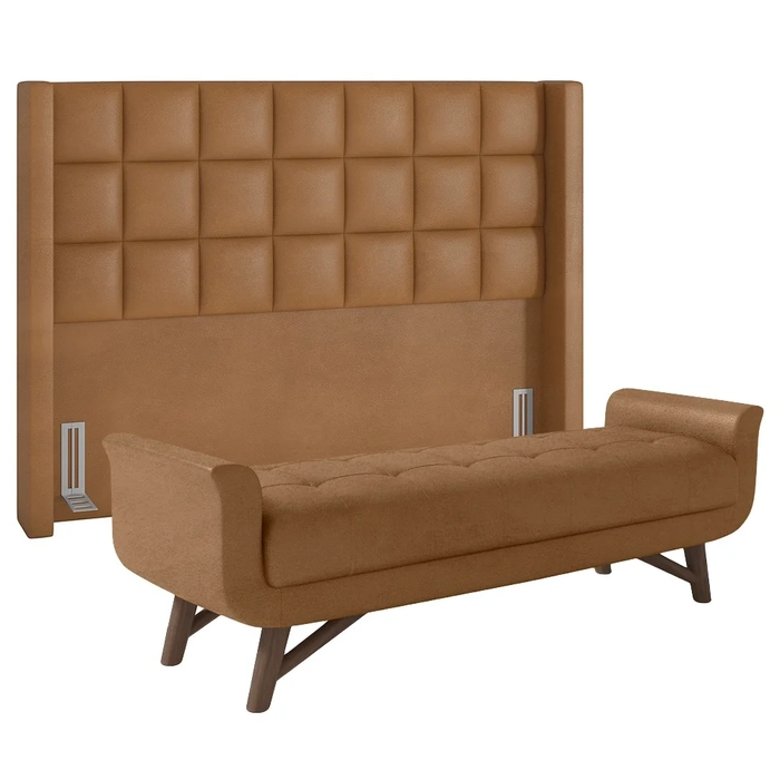 Cabeceira Cama Box Queen 160cm Pisa e Recamier Neville Z37 Sintético Caramelo - Mpozenato