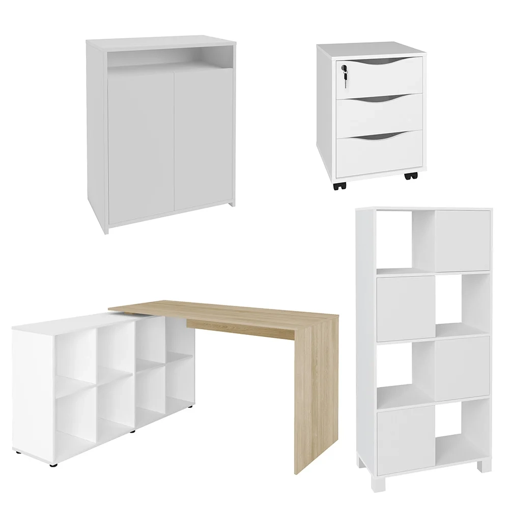 Conjunto Escritório Home Office 4 Peças Side A06 Branco/Carvalho - Mpozenato