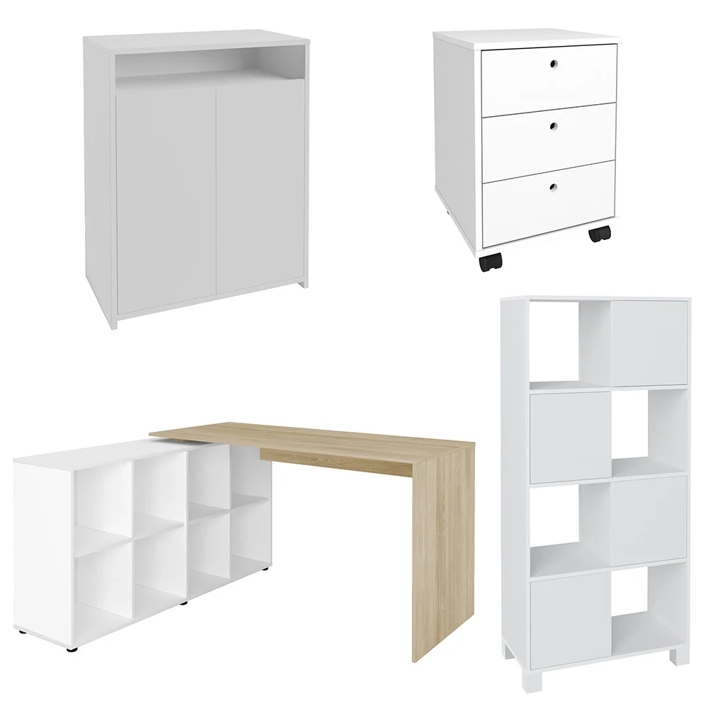 Conjunto Escritório Home Office 4 Peças Nil A06 Branco/Carvalho - Mpozenato