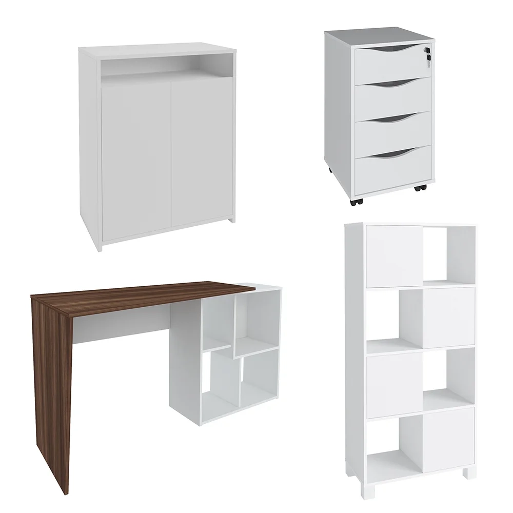 Conjunto Escritório Home Office 4 Peças Look A06 Branco/Ipê - Mpozenato