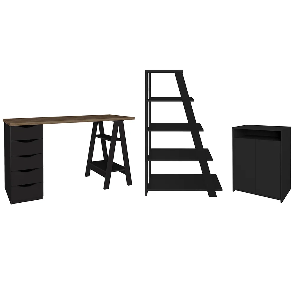 Conjunto Escritório Home Office 3 Peças Stela A06 Nogal/Preto - Mpozenato