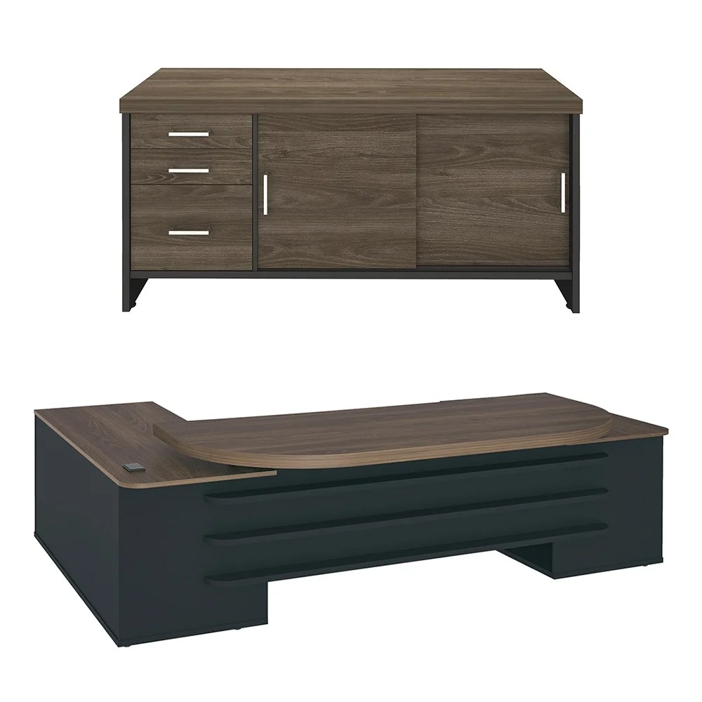 Mesa Escritório Presidente e Balcão 2 Portas 3 Gavetas Corp A06 Charuto/Preto - Mpozenato