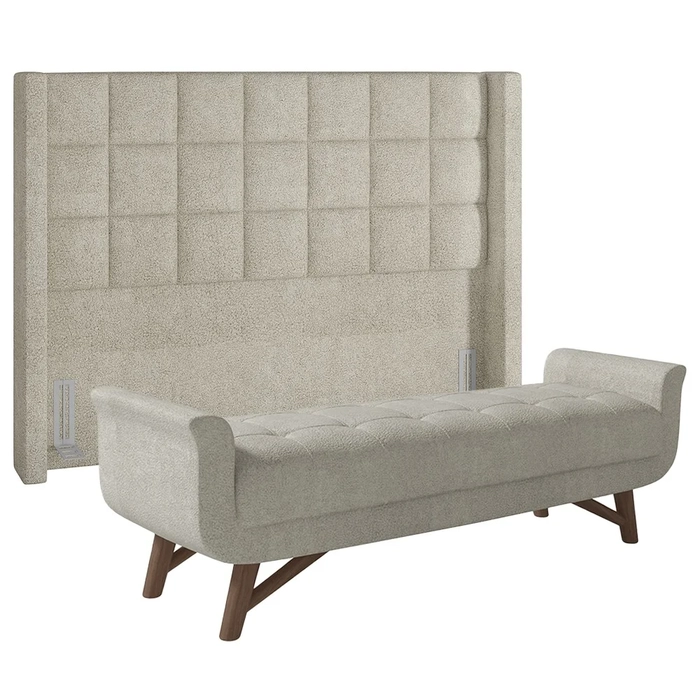 Cabeceira Cama Box King 195cm Pisa e Recamier Neville Z37 Boucle Cru - Mpozenato