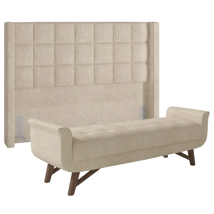 Cabeceira Cama Box King 195cm Pisa e Recamier Neville Z37 Boucle Bege - Mpozenato
