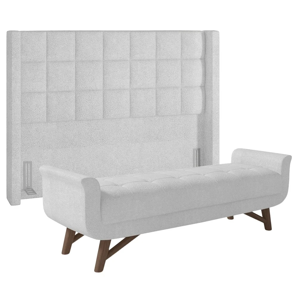 Cabeceira Cama Box King 195cm Pisa e Recamier Neville Z37 Boucle Branco - Mpozenato