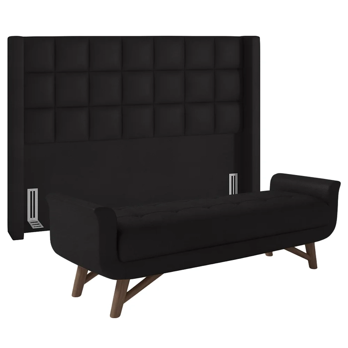 Cabeceira Cama Box King 195cm Pisa e Recamier Neville Z37 Sintético Preto - Mpozenato