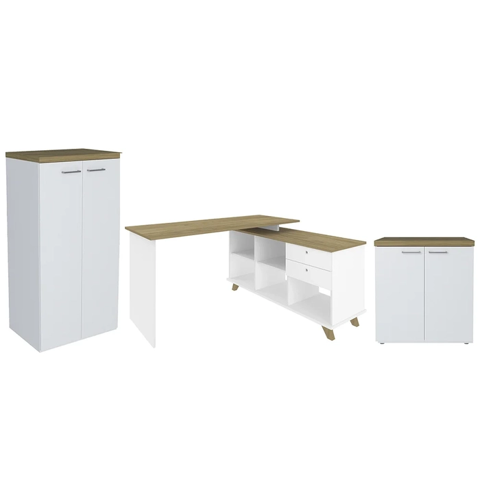 Conjunto Escritório 3 Peças Mesa em L Golden A06 Olmo/Branco - Mpozenato