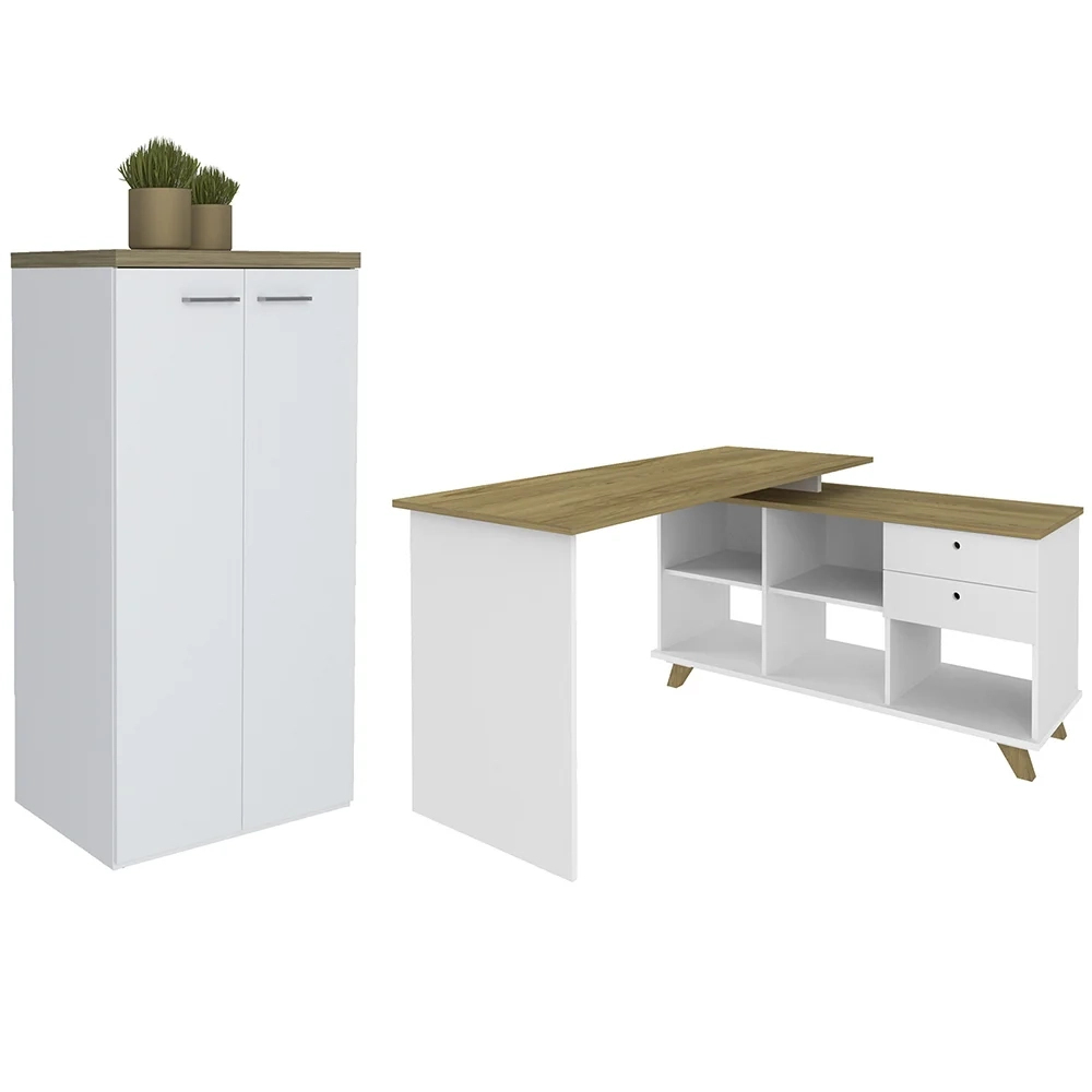 Mesa Escrivaninha em L Golden e Armário Alto 2 Portas Tok A06 Olmo/Branco - Mpozenato