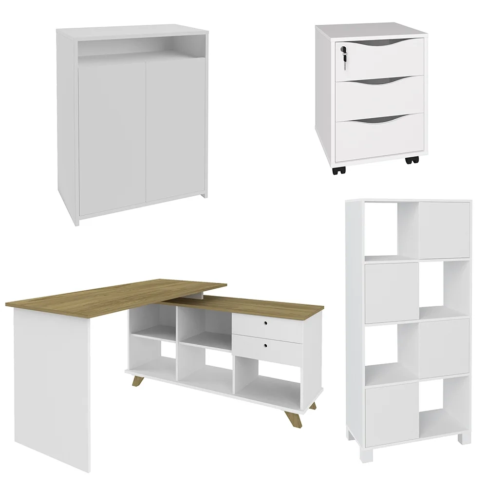 Conjunto Escritório Home Office 4 Peças Golden A06 Olmo/Branco - Mpozenato