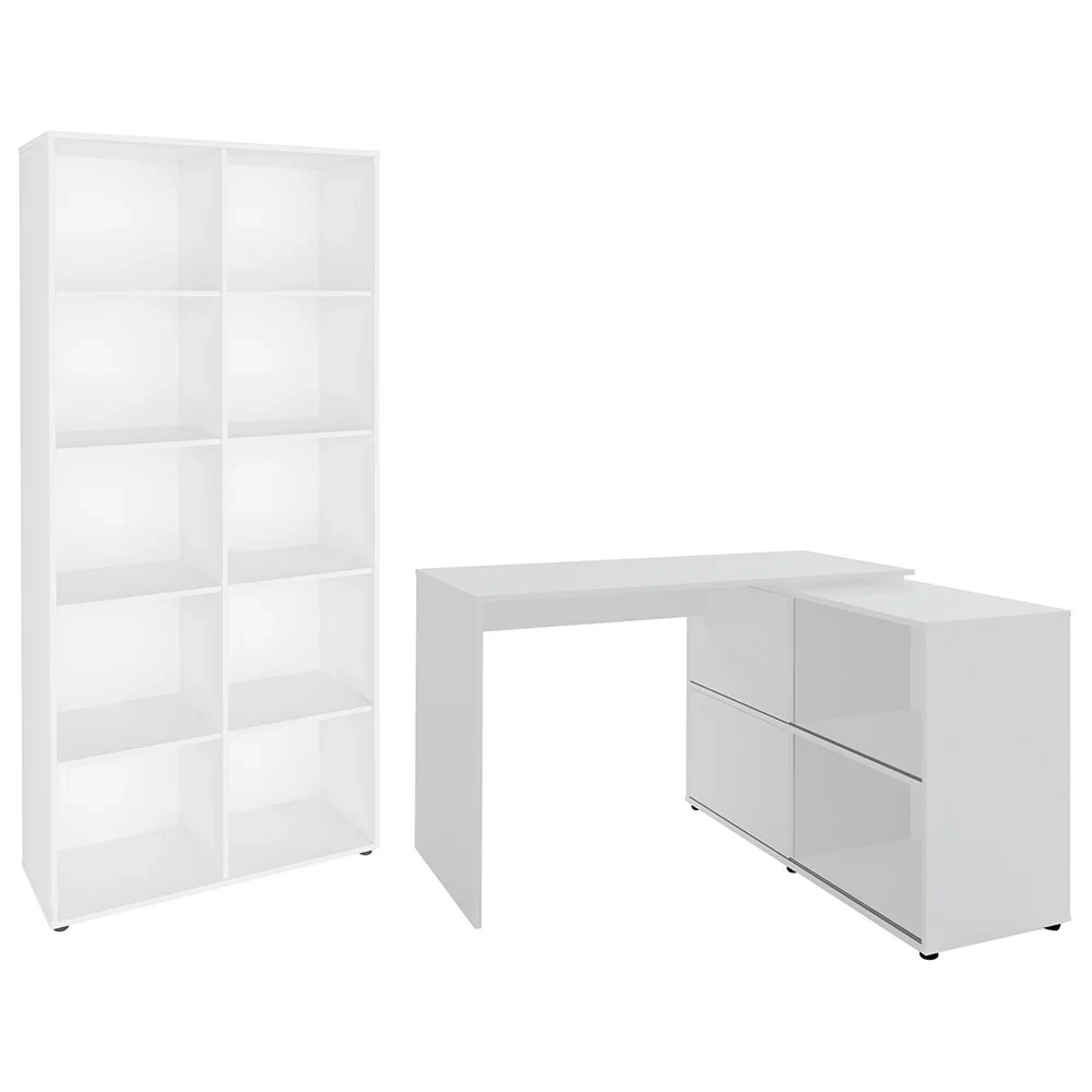 Mesa Escrivaninha em L Link e Estante Livreiro 90x187cm Lean A06 Branco - Mpozenato