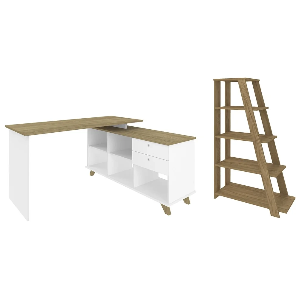 Mesa Escrivaninha em L Golden e Estante Livreiro Stela A06 Olmo/Branco - Mpozenato