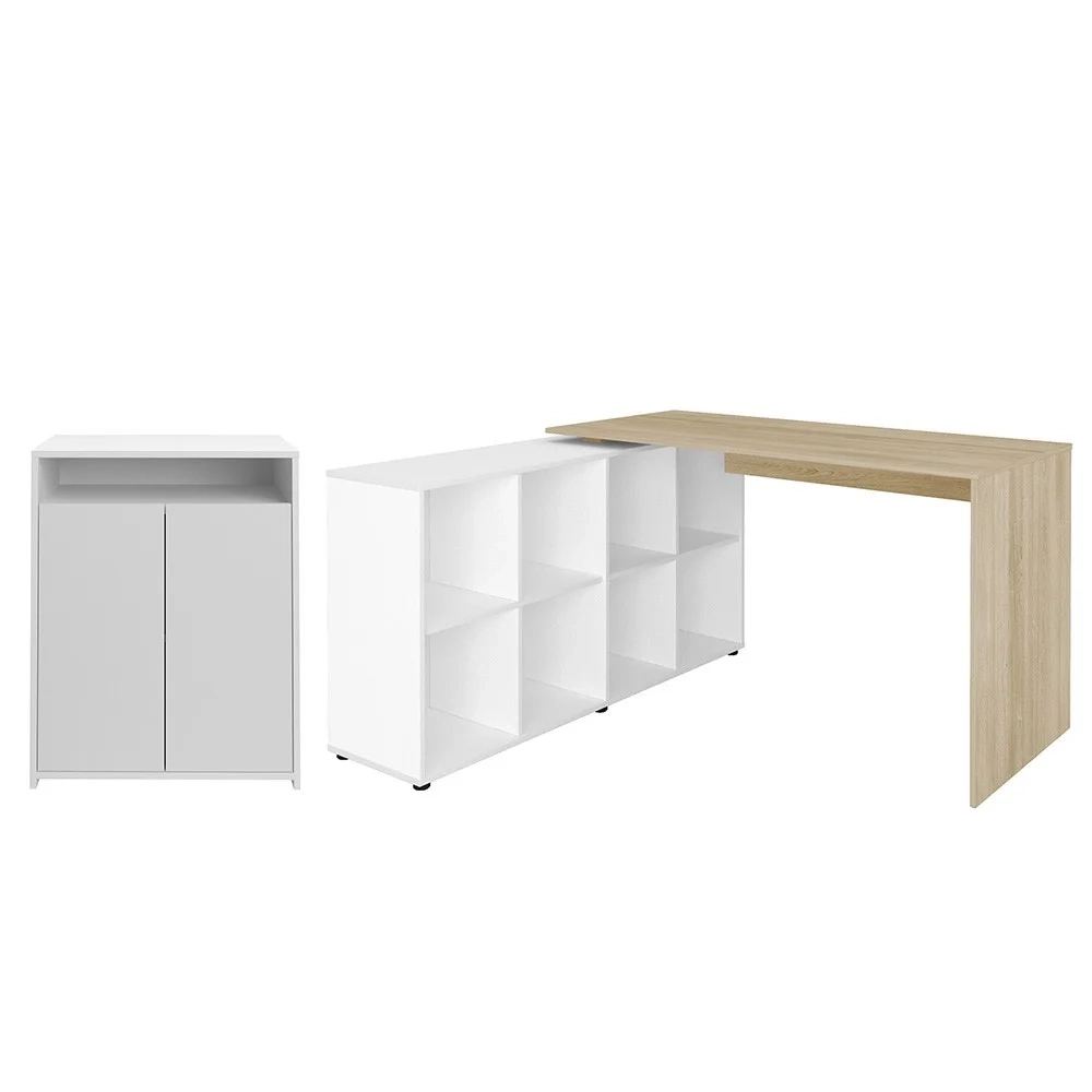 Mesa Escrivaninha em L Eron e Balcão 60cm 2 Portas Look A06 Carvalho/Branco - Mpozenato