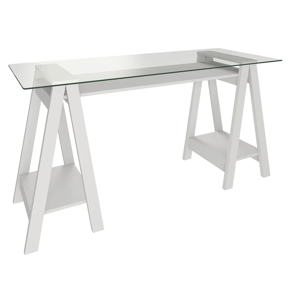 Mesa Escrivaninha 150cm Pés Cavalete Tampo de Vidro Cris A06 Branco - Mpozenato