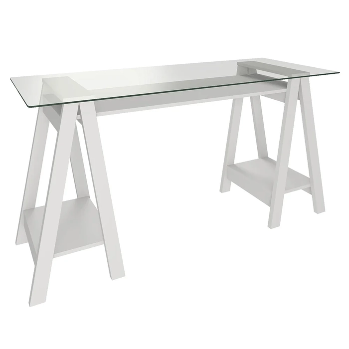 Mesa Escrivaninha 150cm Pés Cavalete Tampo de Vidro Cris A06 Branco - Mpozenato