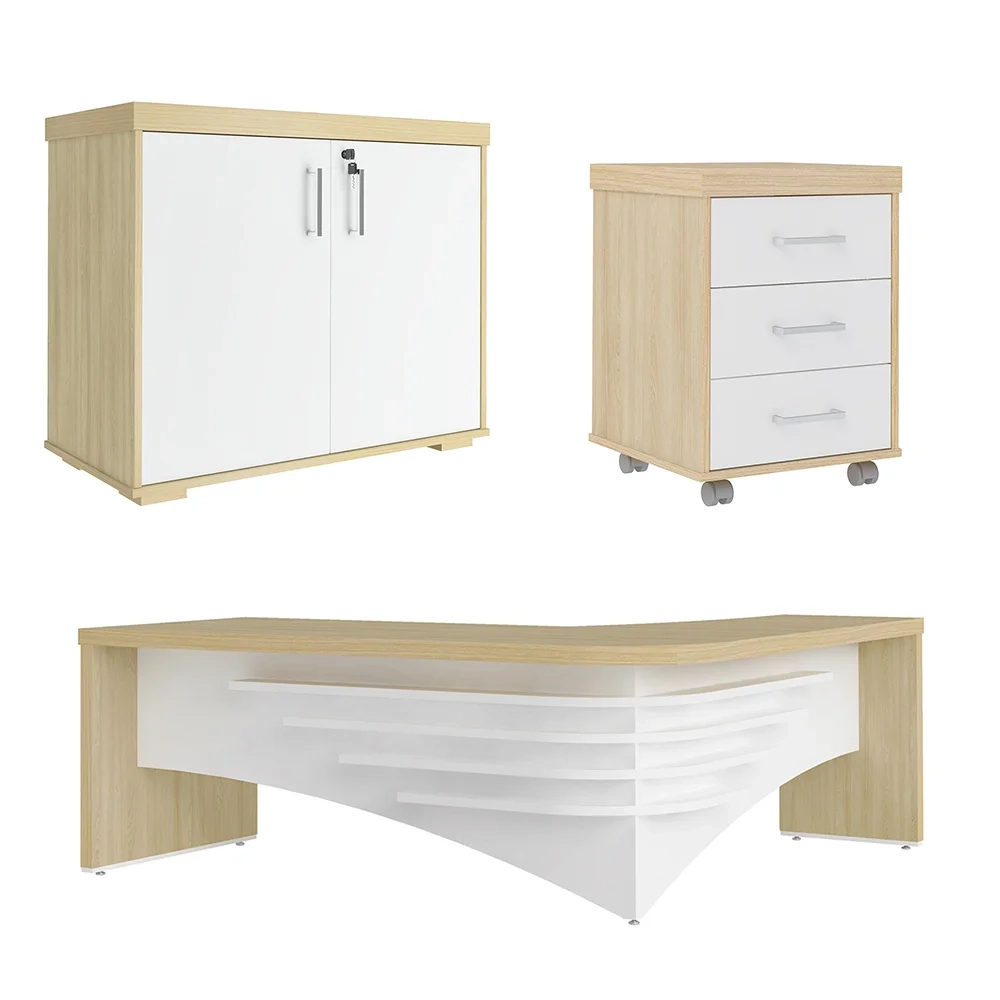 Conjunto Escritório Home Office 3 Peças Mesa em L Corp A06 Carvalho/Branco - Mpozenato