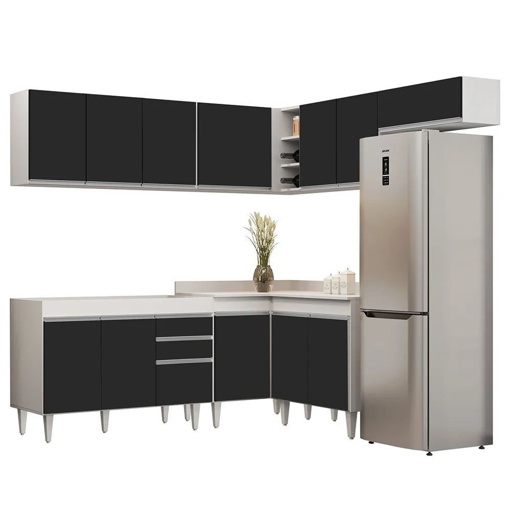 Armário de Cozinha Modulado de Canto 7 Peças CP19 Balcão sem Tampo Branco/Preto - Lumil