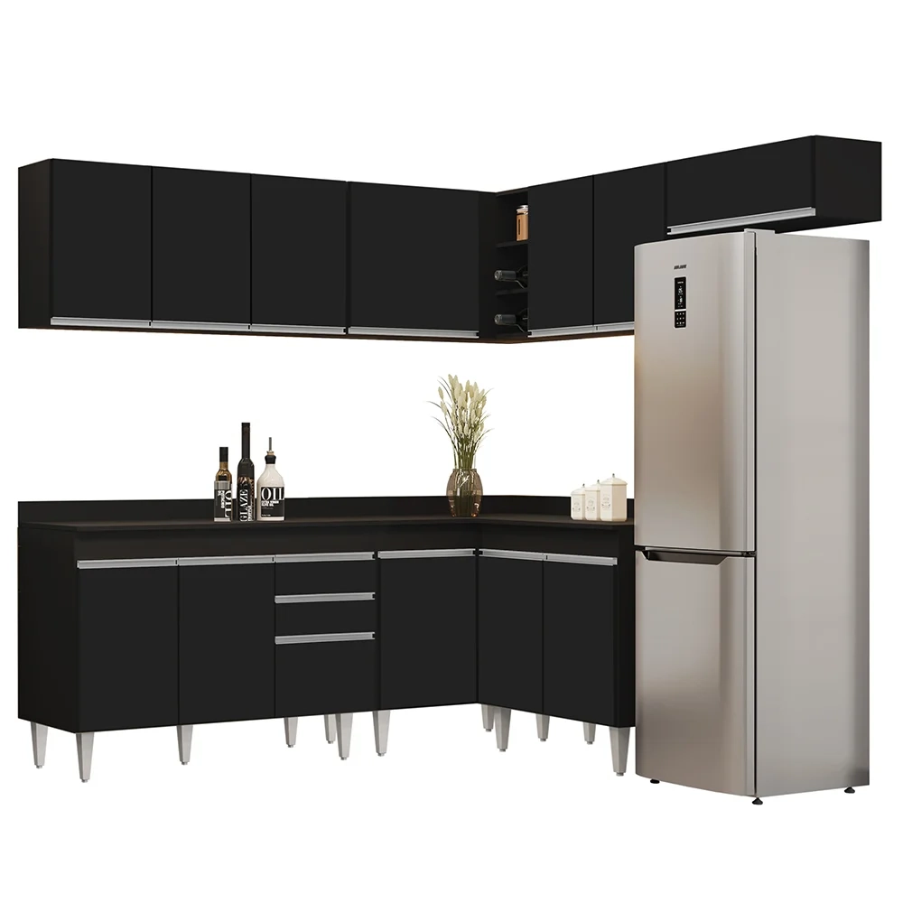 Armário de Cozinha Modulado de Canto 7 Peças CP20 Balcão com Tampo Preto - Lumil