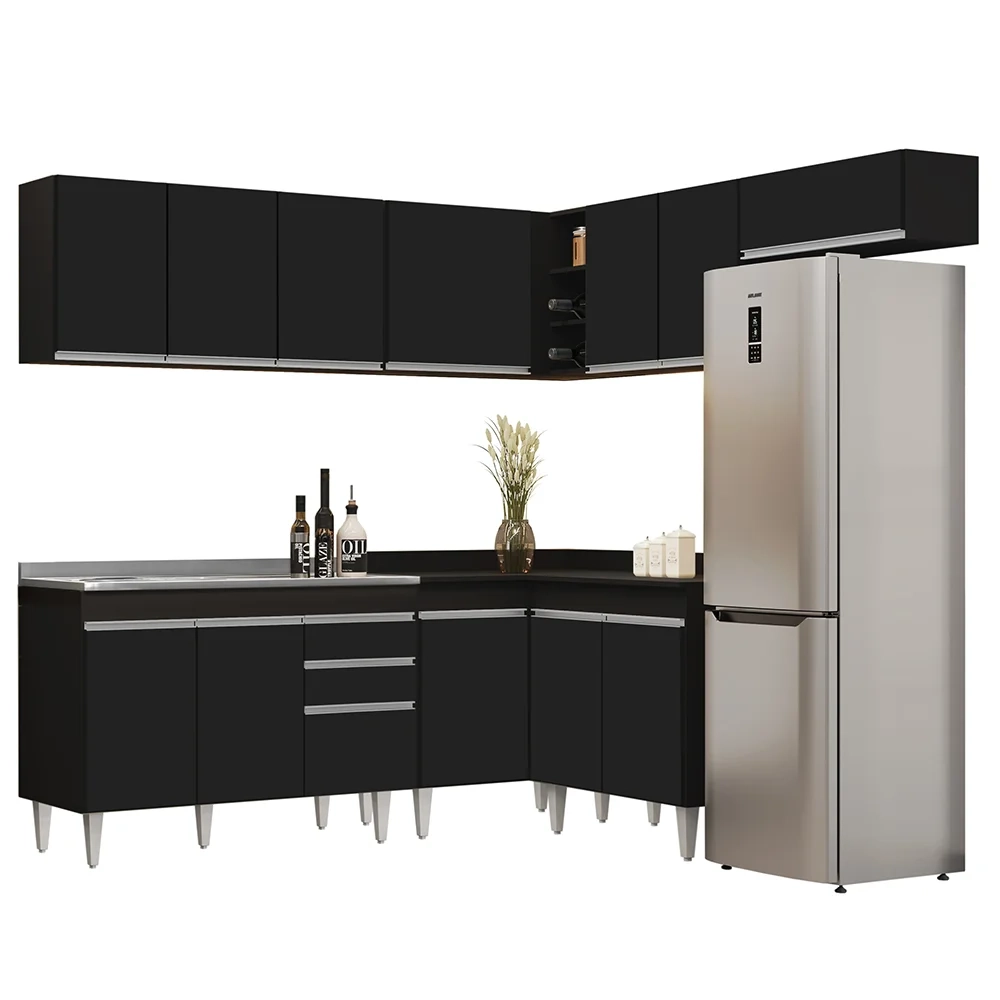 Armário de Cozinha Modulado de Canto 7 Peças CP21 com Pia Inox Preto - Lumil