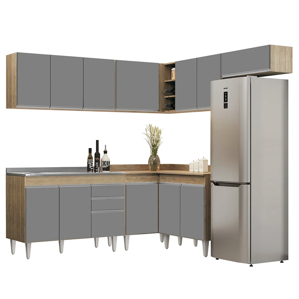 Armário de Cozinha Modulado de Canto 7 Peças CP21 com Pia Inox Castanho/Cinza - Lumil