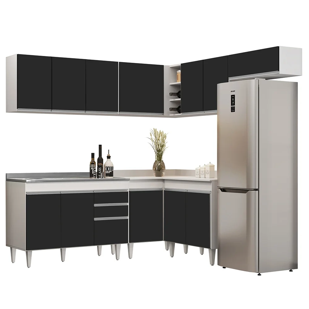 Armário de Cozinha Modulado de Canto 7 Peças CP21 com Pia Inox Branco/Preto - Lumil