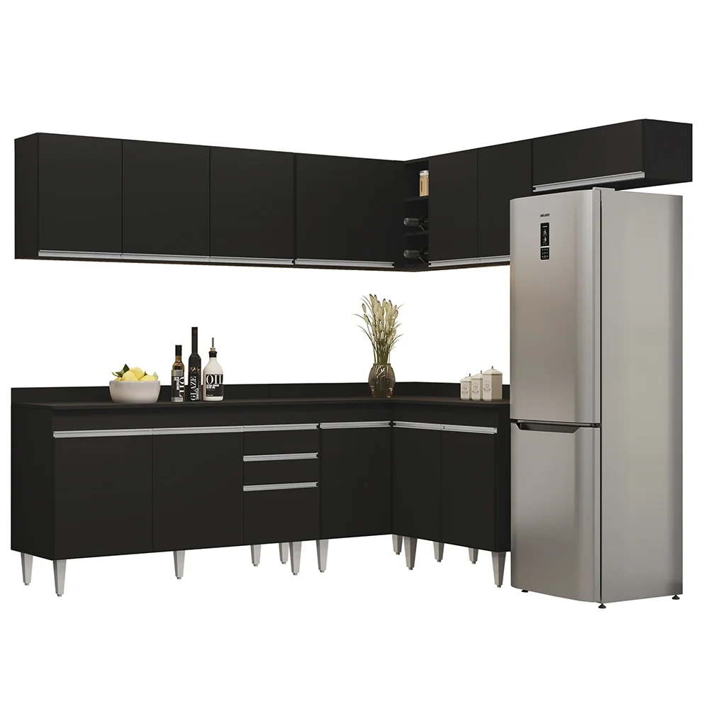Armário de Cozinha Modulado de Canto 7 Peças CP23 Balcão com Tampo Preto - Lumil