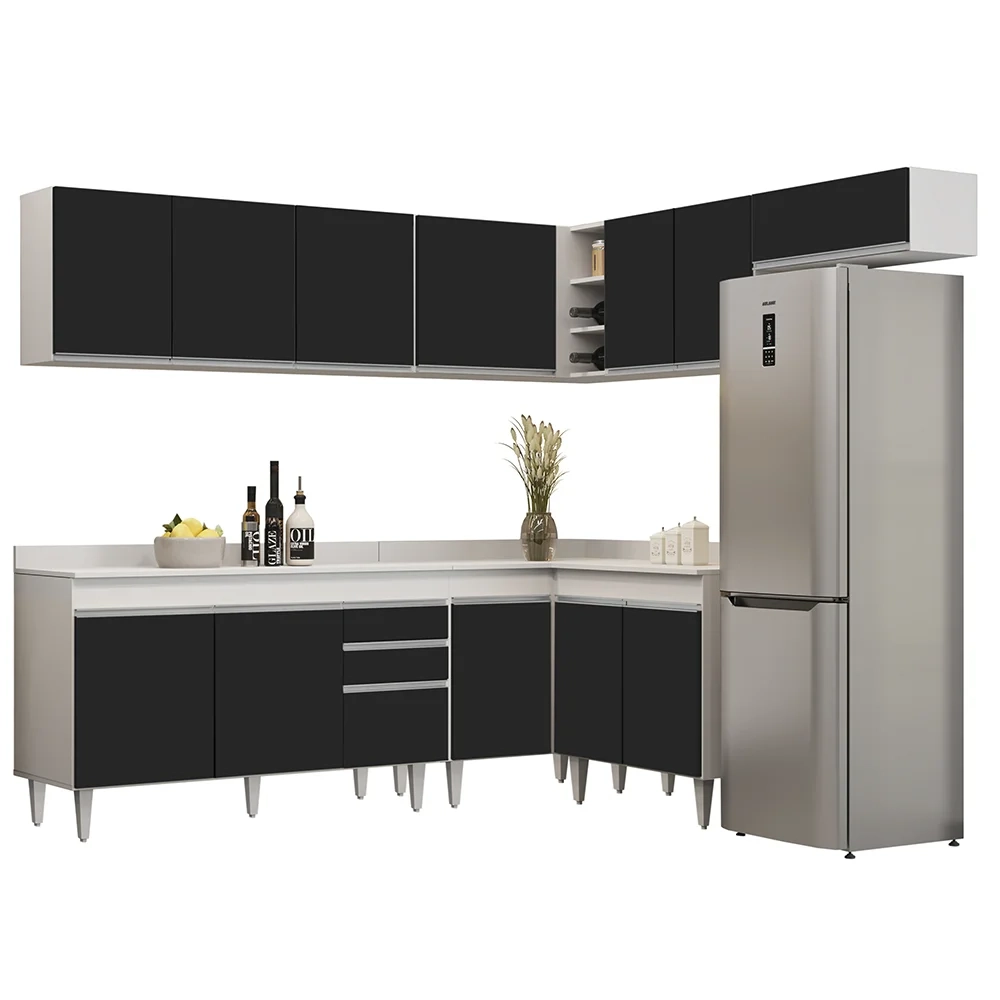 Armário de Cozinha Modulado de Canto 7 Peças CP23 Balcão com Tampo Branco/Preto - Lumil