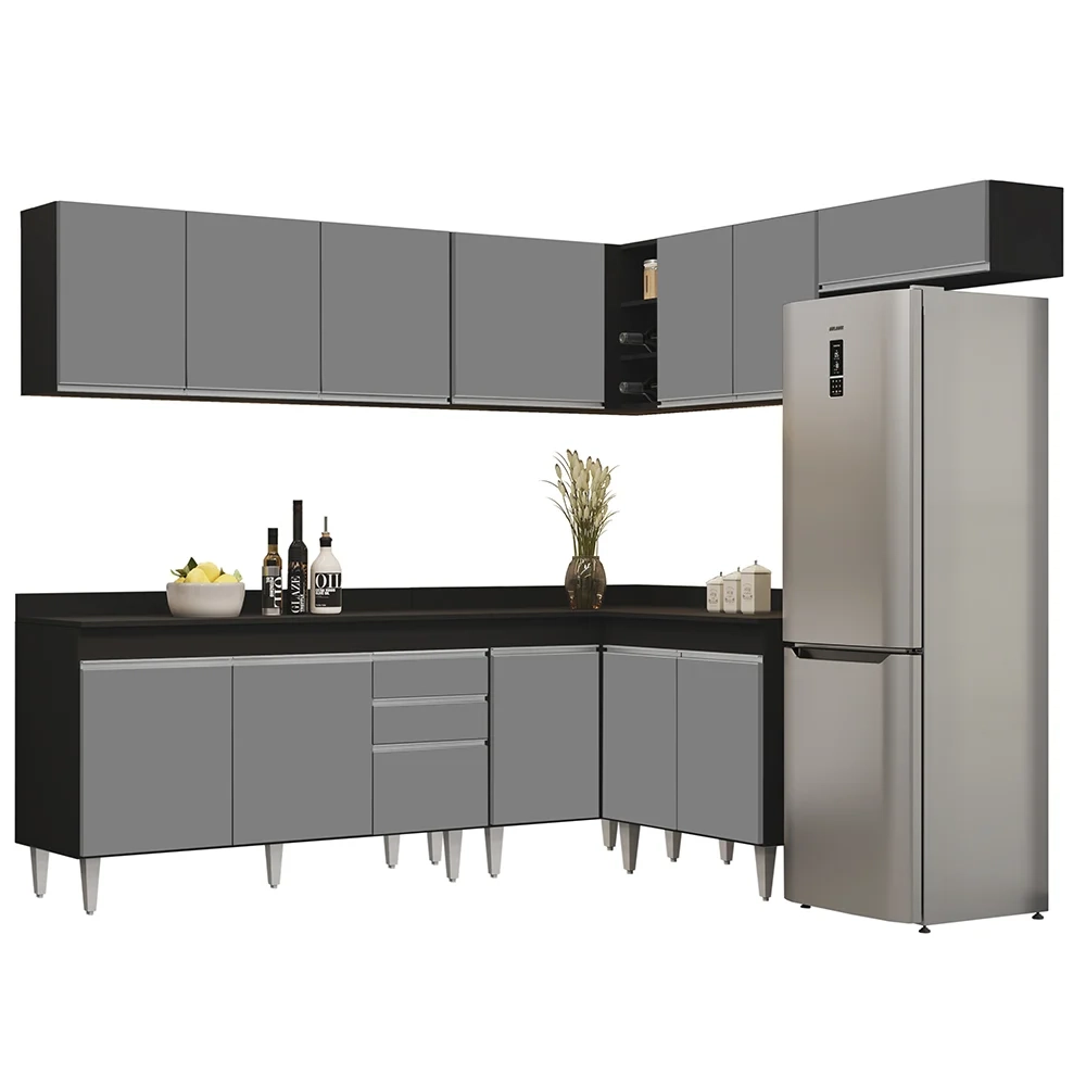 Armário de Cozinha Modulado de Canto 7 Peças CP23 Balcão com Tampo Preto/Cinza - Lumil
