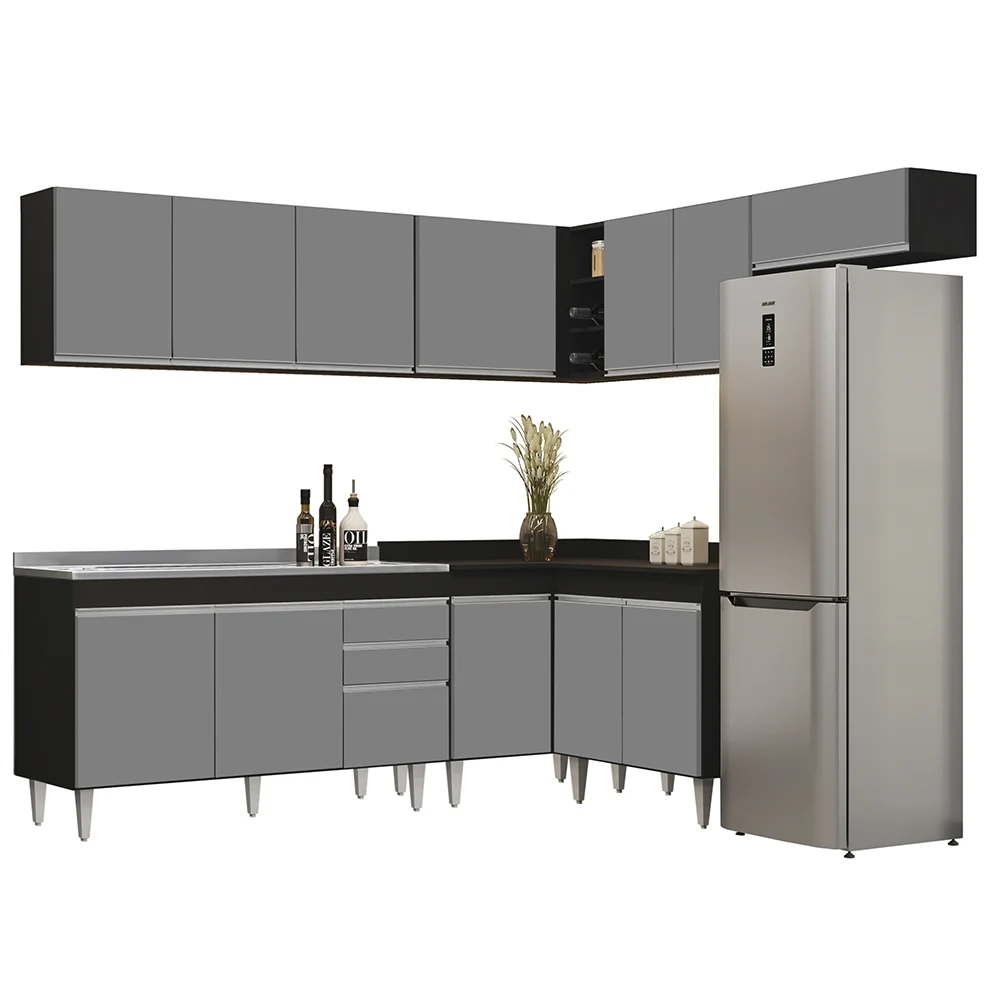 Armário de Cozinha Modulado de Canto 7 Peças CP24 com Pia Inox Preto/Cinza - Lumil