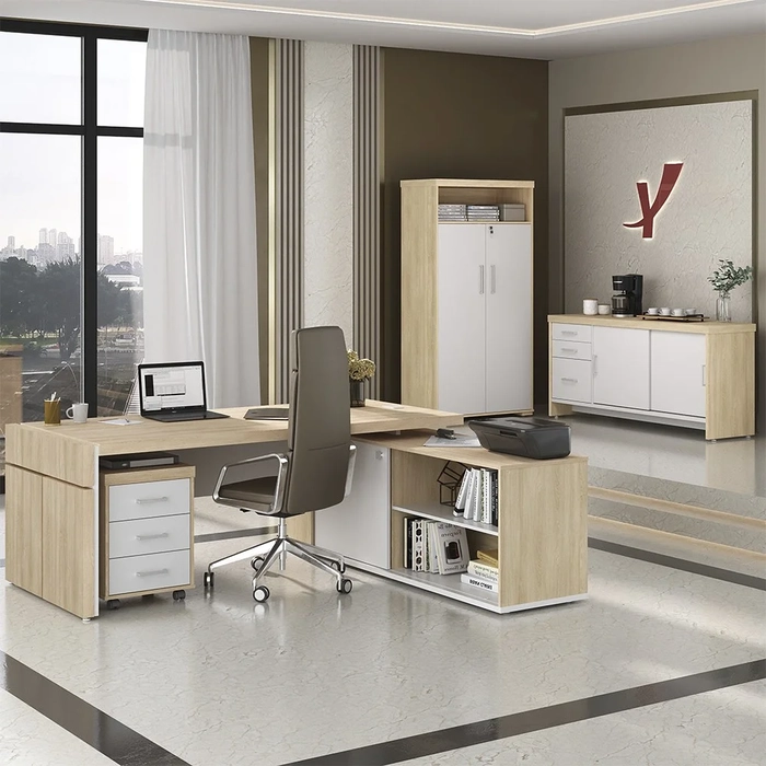 Conjunto Escritório Home Office 4 Peças Mesa Diretor Corp A06 Carvalho/Branco - Mpozenato