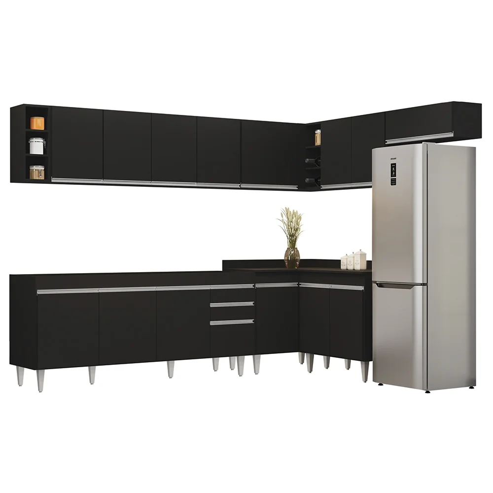Armário de Cozinha Modulado de Canto 8 Peças CP25 Balcão sem Tampo Preto - Lumil