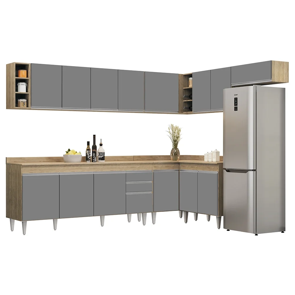 Armário de Cozinha Modulado de Canto 8 Peças CP26 Balcão com Tampo Castanho/Cinza - Lumil