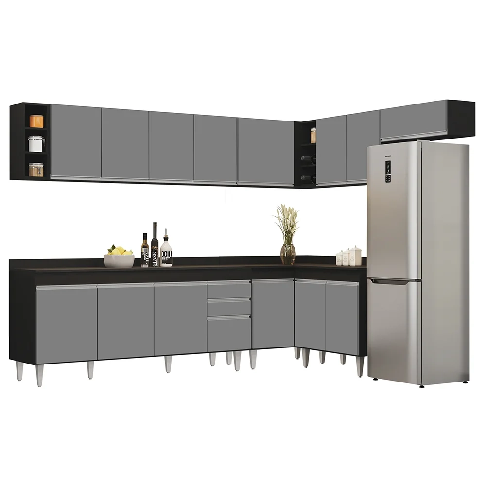 Armário de Cozinha Modulado de Canto 8 Peças CP26 Balcão com Tampo Preto/Cinza - Lumil