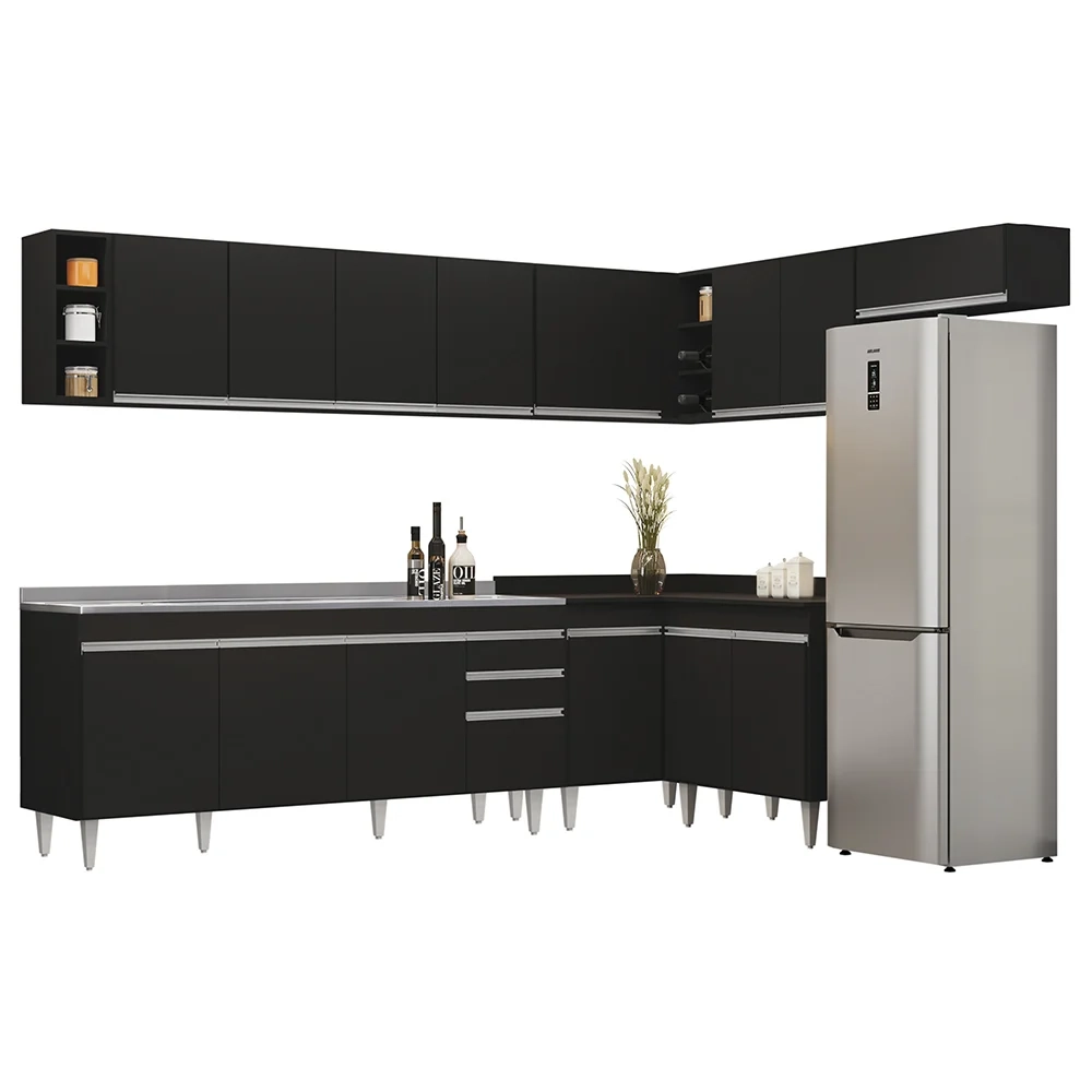 Armário de Cozinha Modulado de Canto 8 Peças CP27 com Pia Inox Preto - Lumil