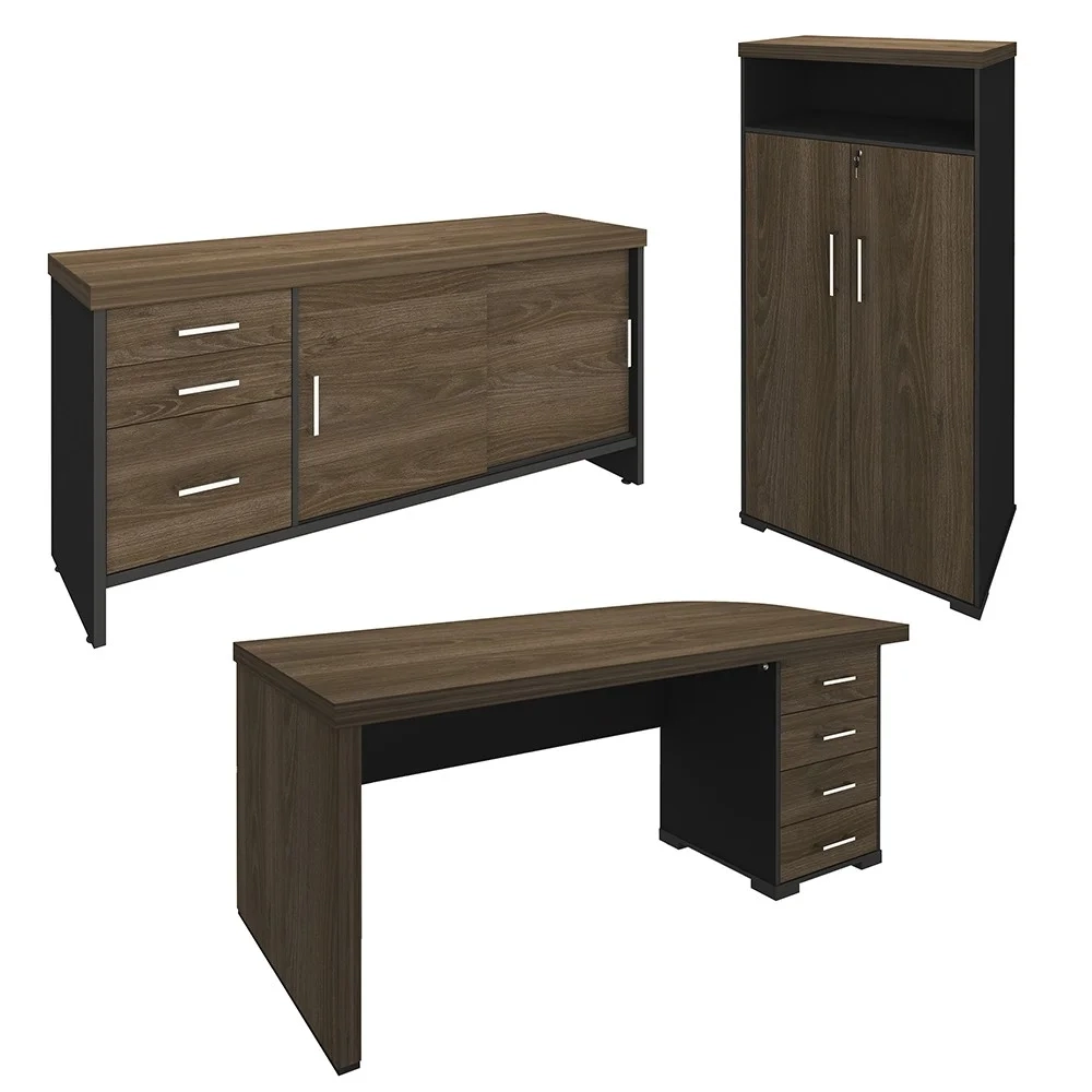 Conjunto Escritório 3 Peças Mesa Lado Direito Corp A06 Charuto/Preto - Mpozenato