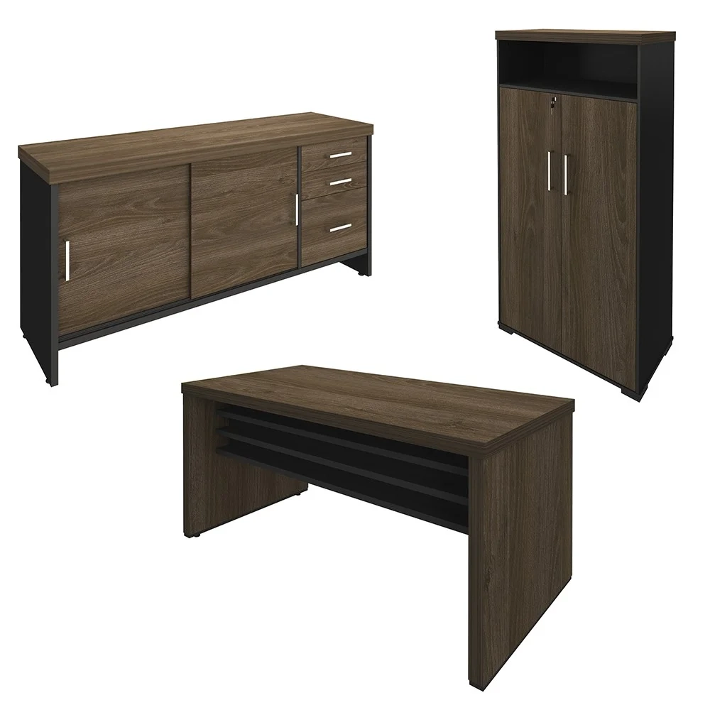 Conjunto Escritório 3 Peças Mesa 158cm Corp A06 Charuto/Preto - Mpozenato