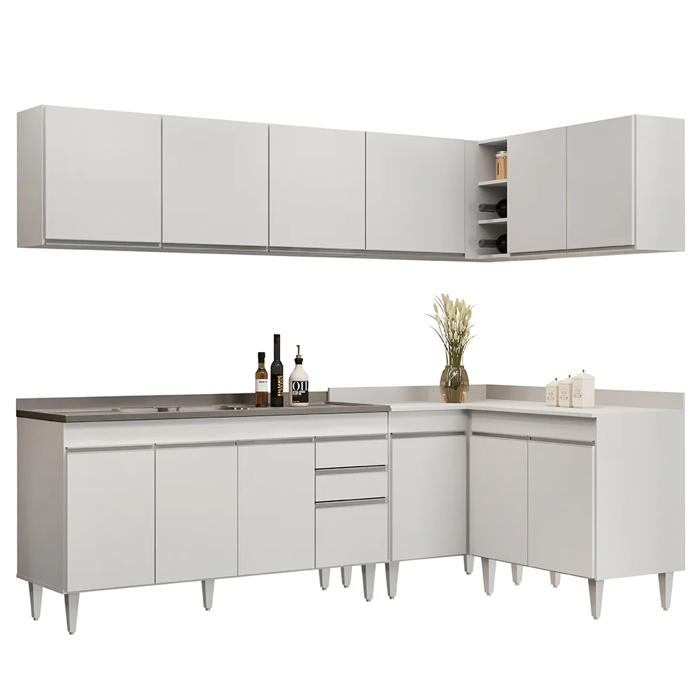 Armário de Cozinha Modulado de Canto 6 Peças CP33 com Pia Inox Branco - Lumil