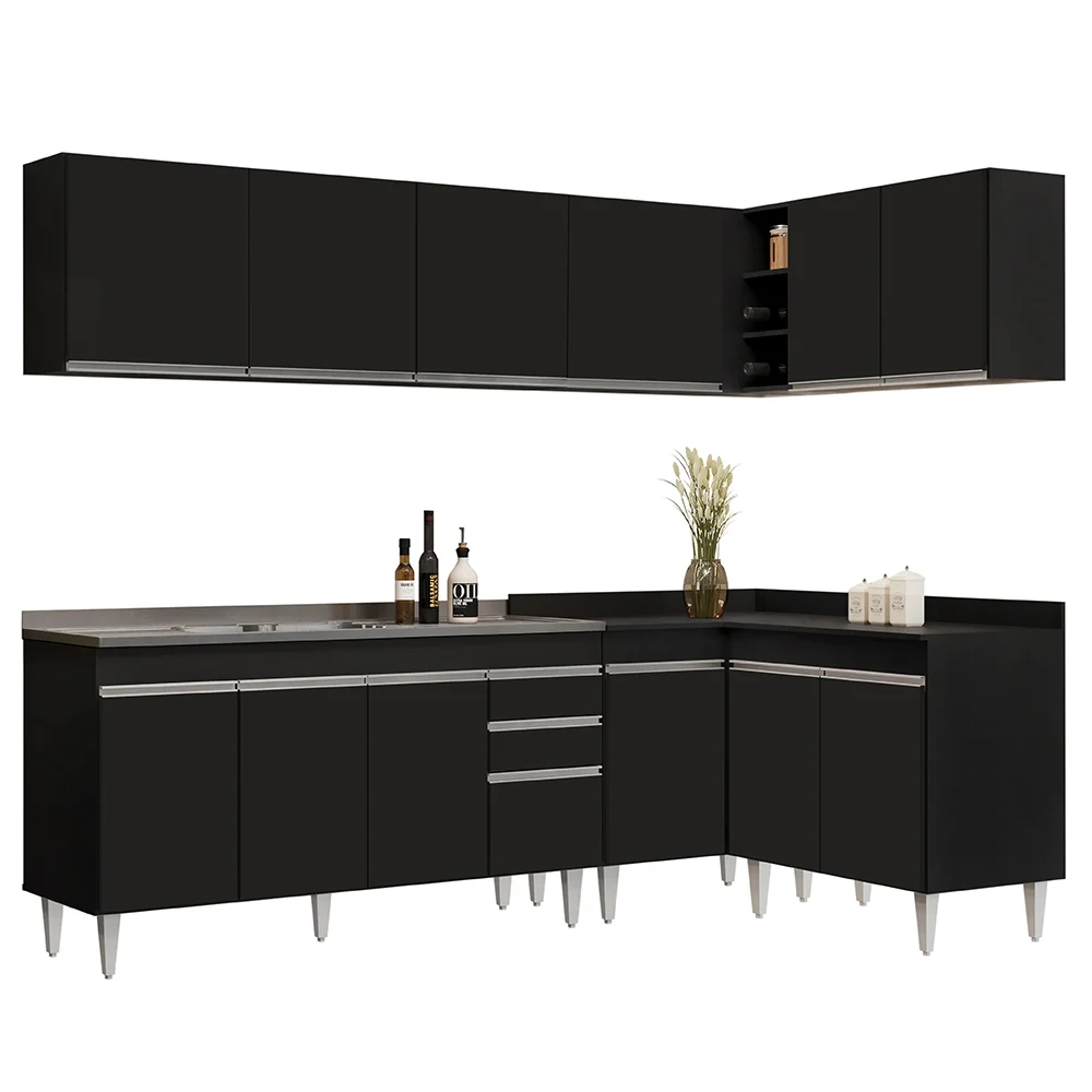 Armário de Cozinha Modulado de Canto 6 Peças CP33 com Pia Inox Preto - Lumil