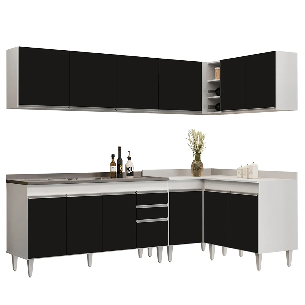 Armário de Cozinha Modulado de Canto 6 Peças CP33 com Pia Inox Branco/Preto - Lumil