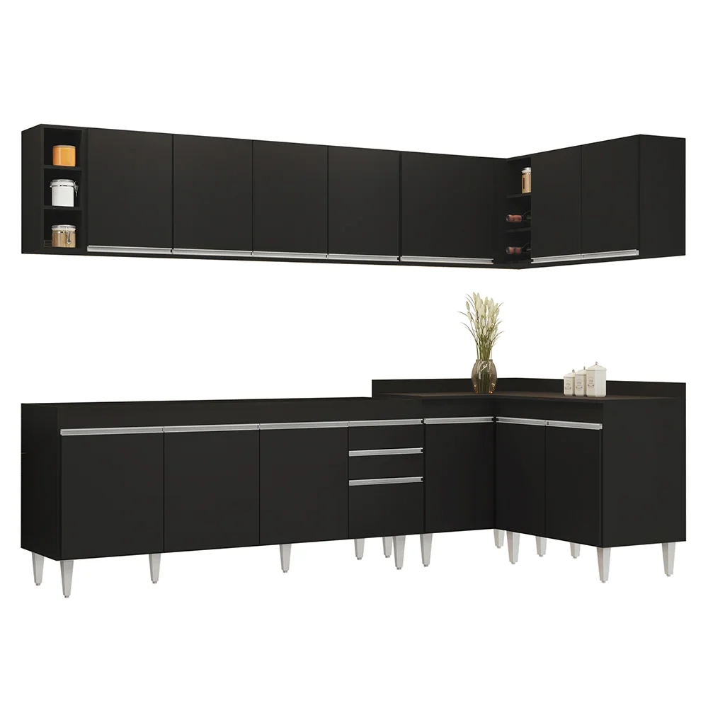 Armário de Cozinha Modulado de Canto 7 Peças CP34 Balcão sem Tampo Preto - Lumil